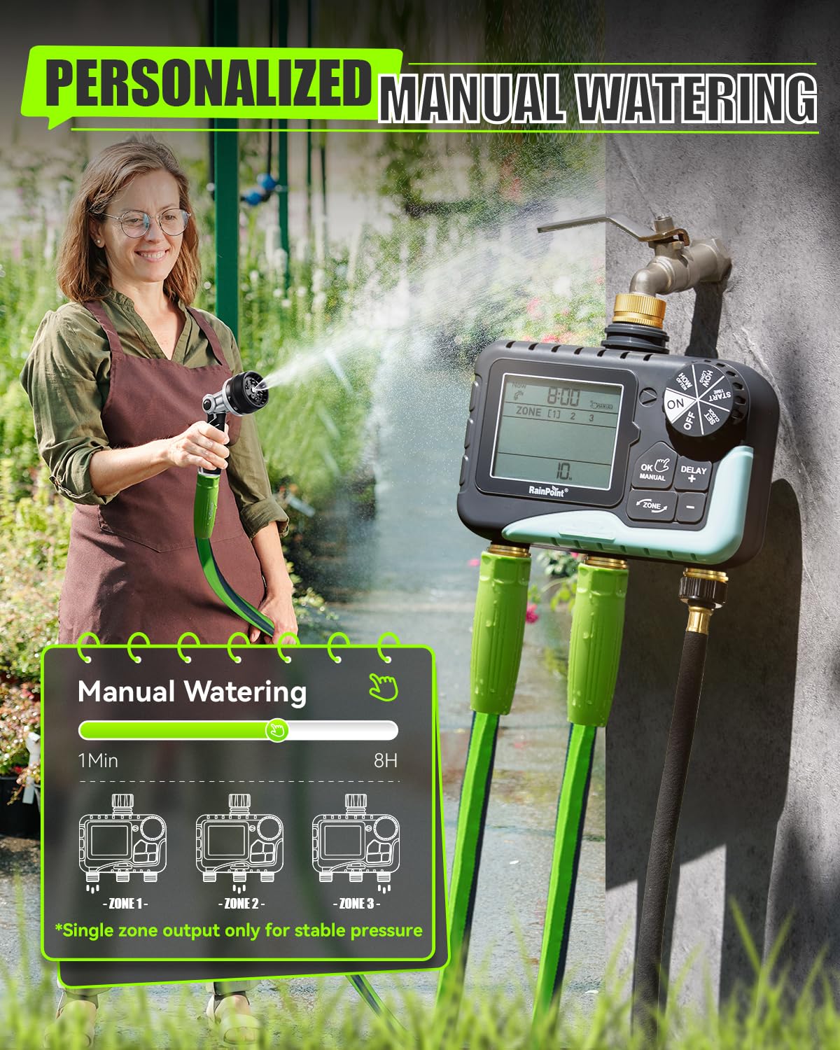 Close-up of RAINPOINT 3 Zone Water Timer ergonomic buttons