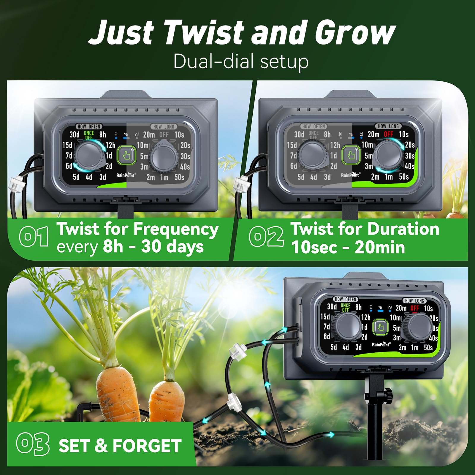Close-up of RAINPOINT solar watering pump with USB-C port