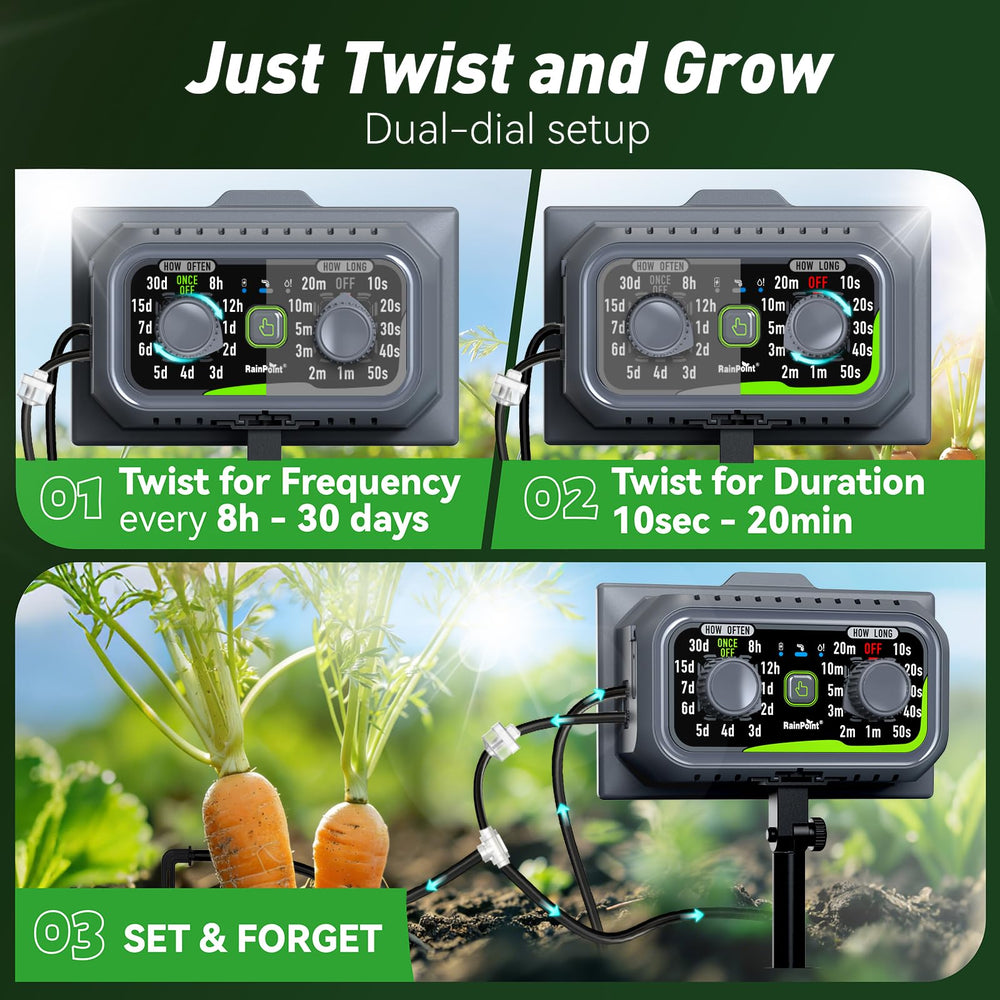 Close-up of RAINPOINT solar watering pump with USB-C port