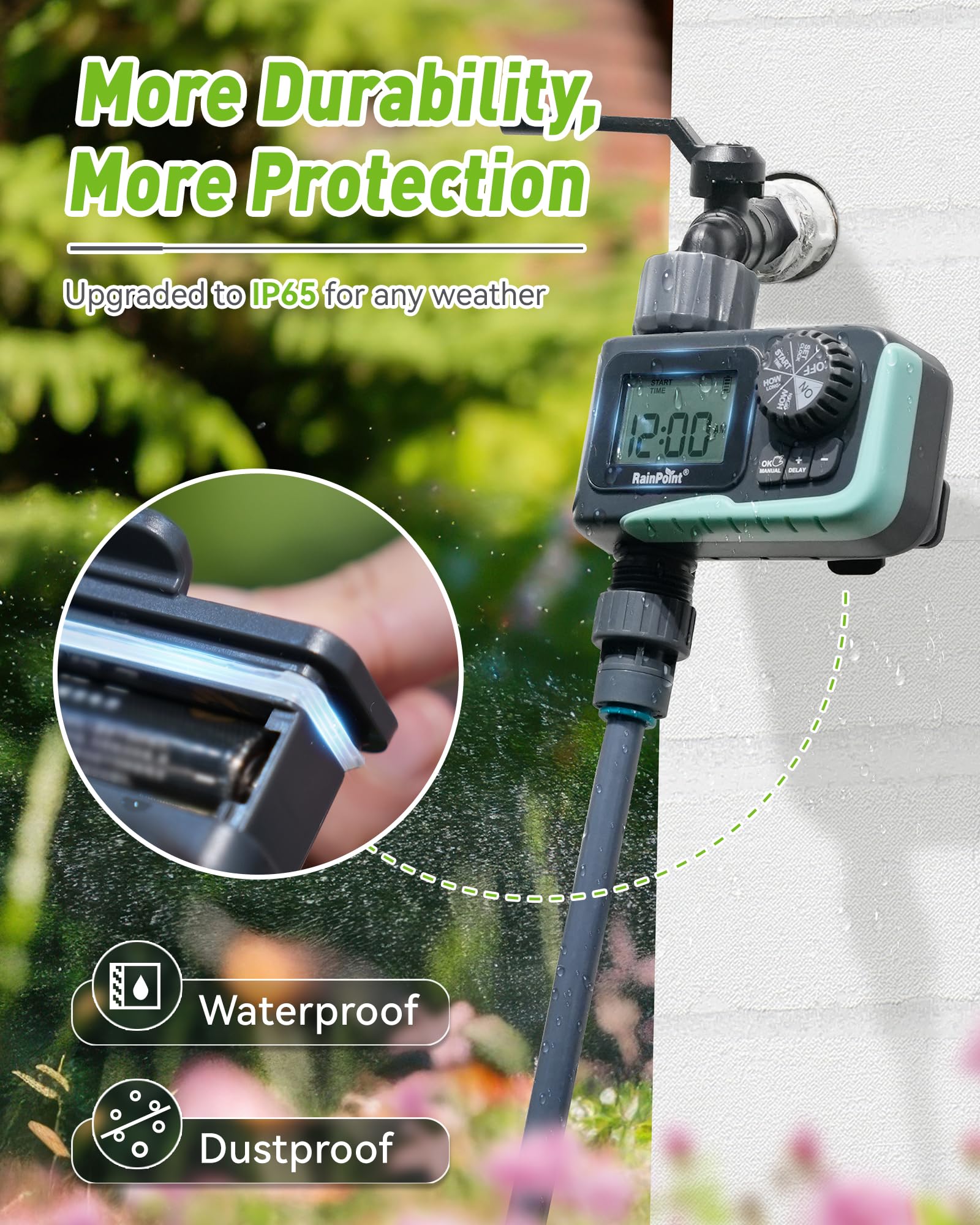 Close-up of RAINPOINT Sprinkler Timer water inlet and built-in filter