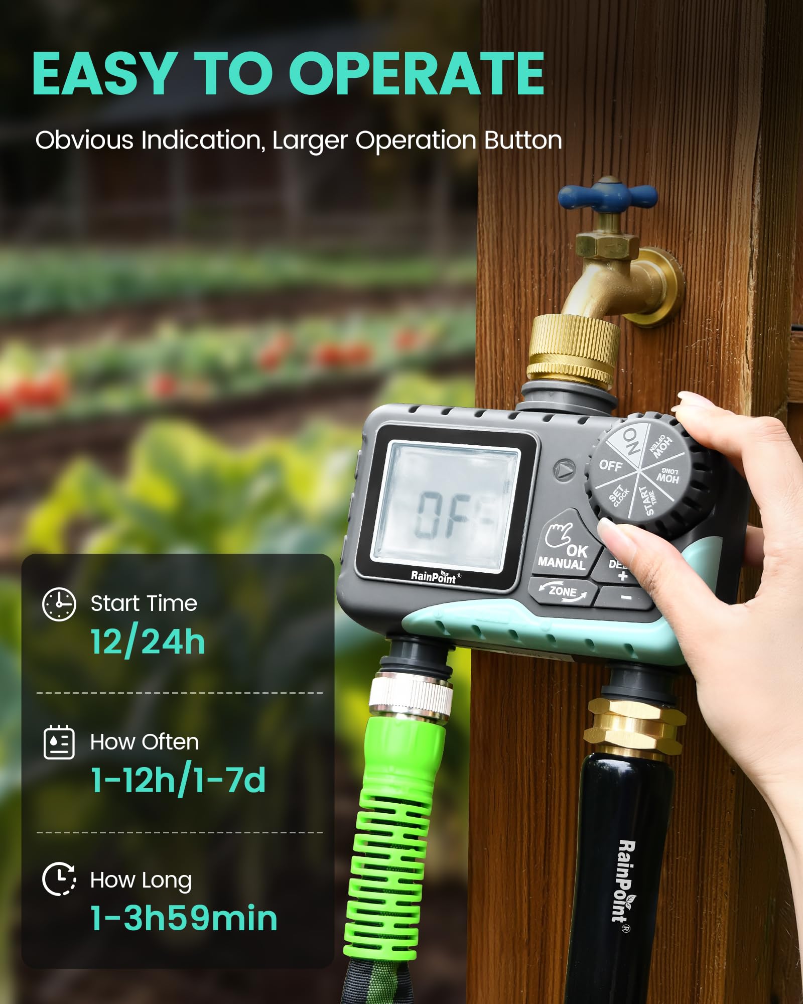 Close-up of RAINPOINT Sprinkler Timer with brass fittings