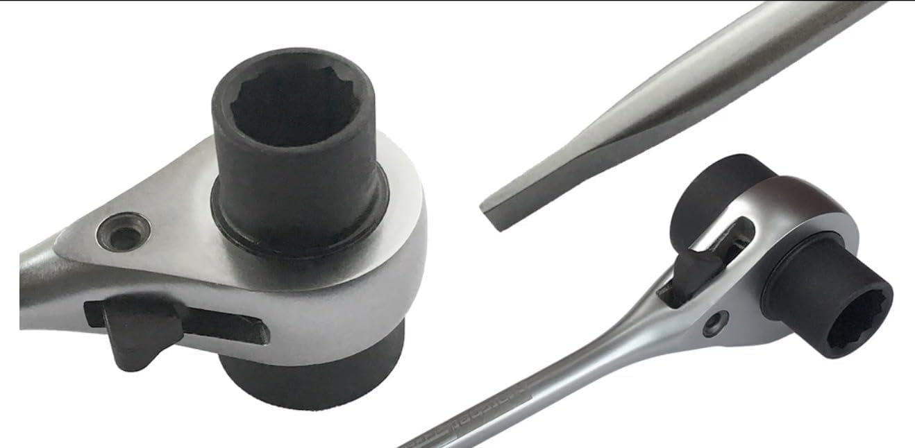 Close-up of RatchetScrench wrench showing dual-taper groove-cleaning tip