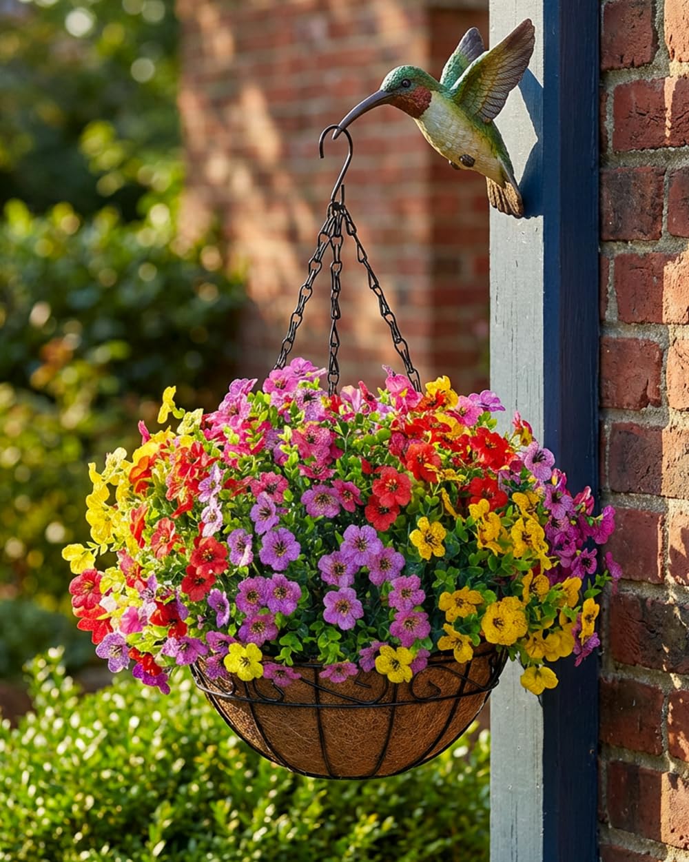 Close-up of rattan basket and metal chains of hanging flowers