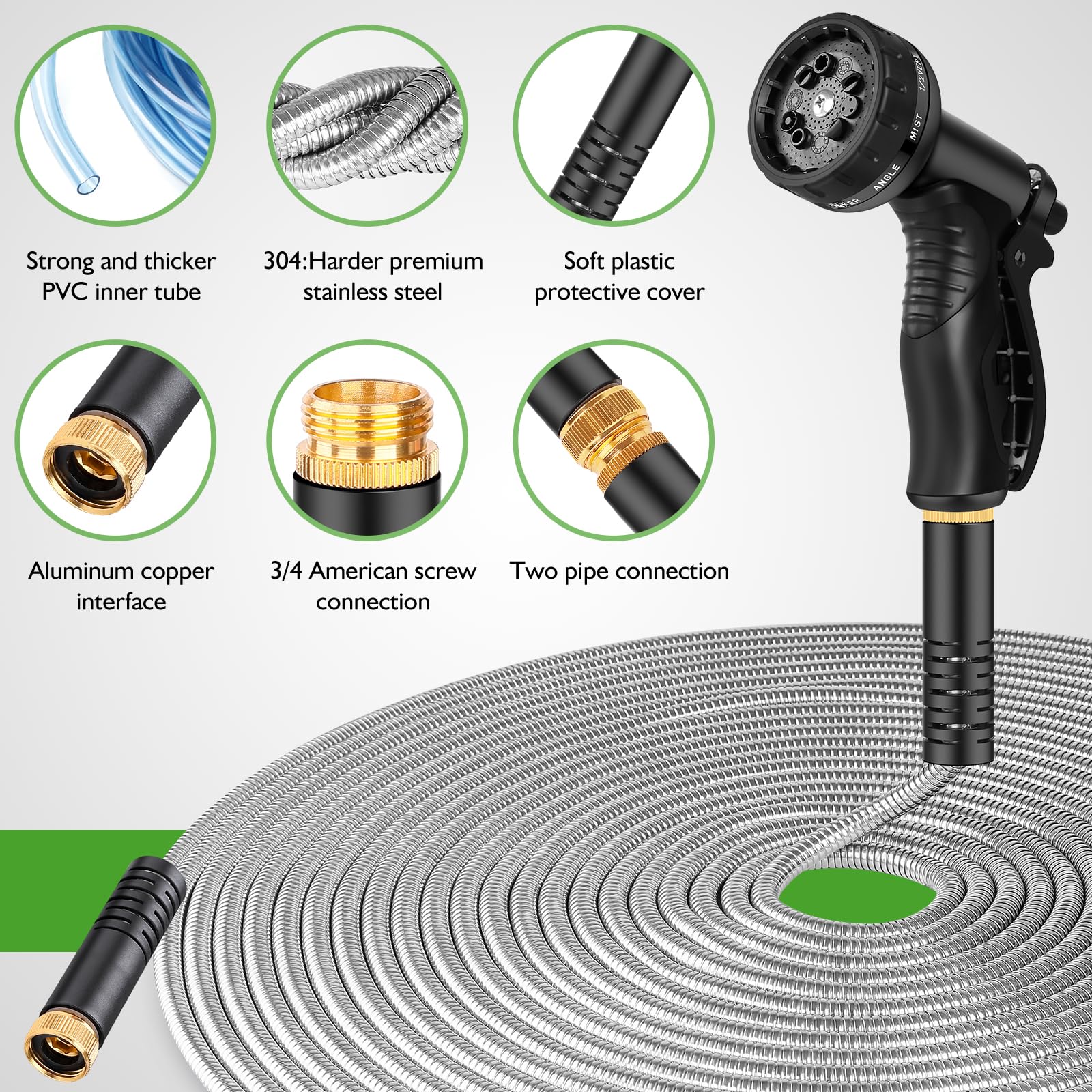 Close-up of Rcfunkid garden hose metal nozzle with 10 spray patterns