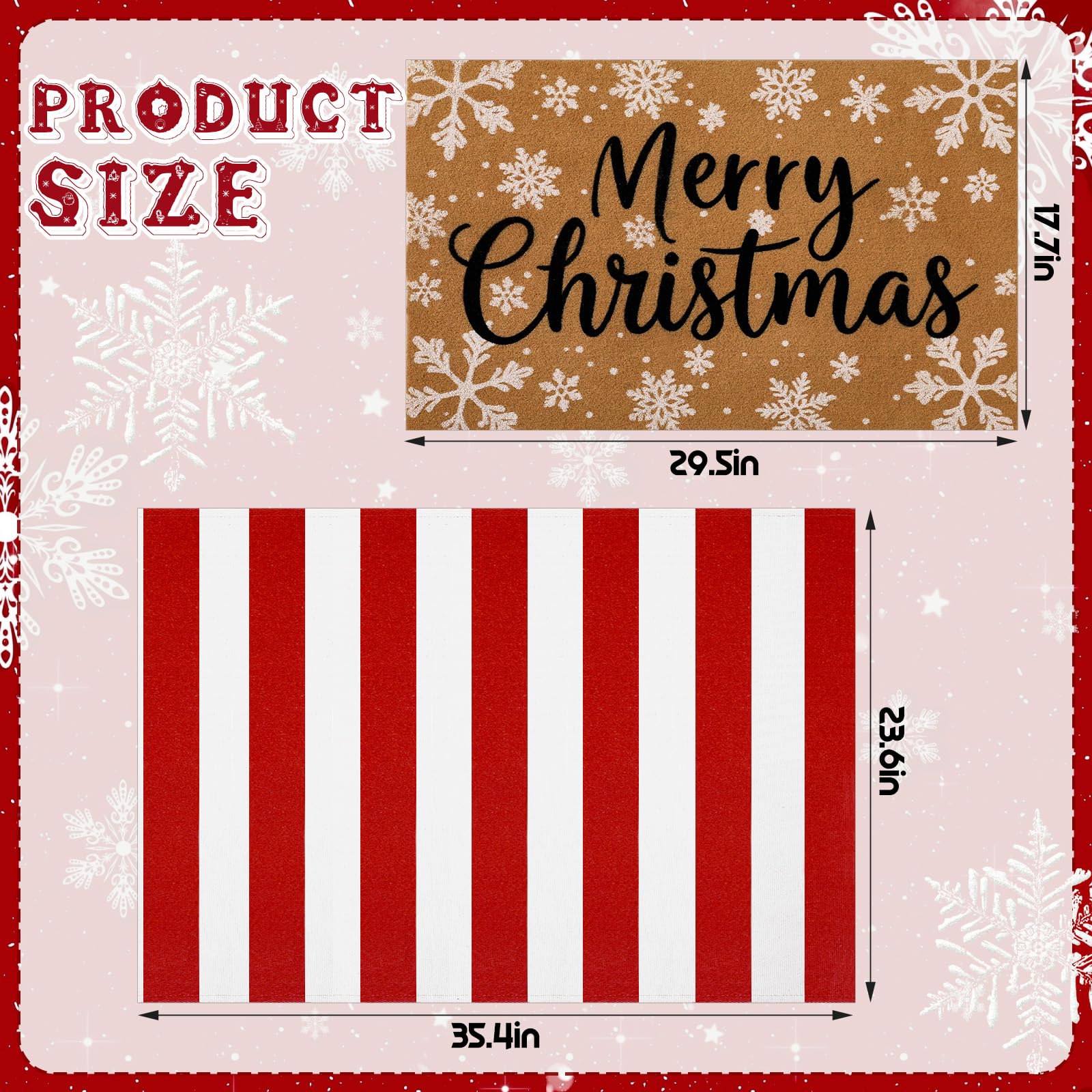 Close-up of red and white striped rug in Christmas door mat set