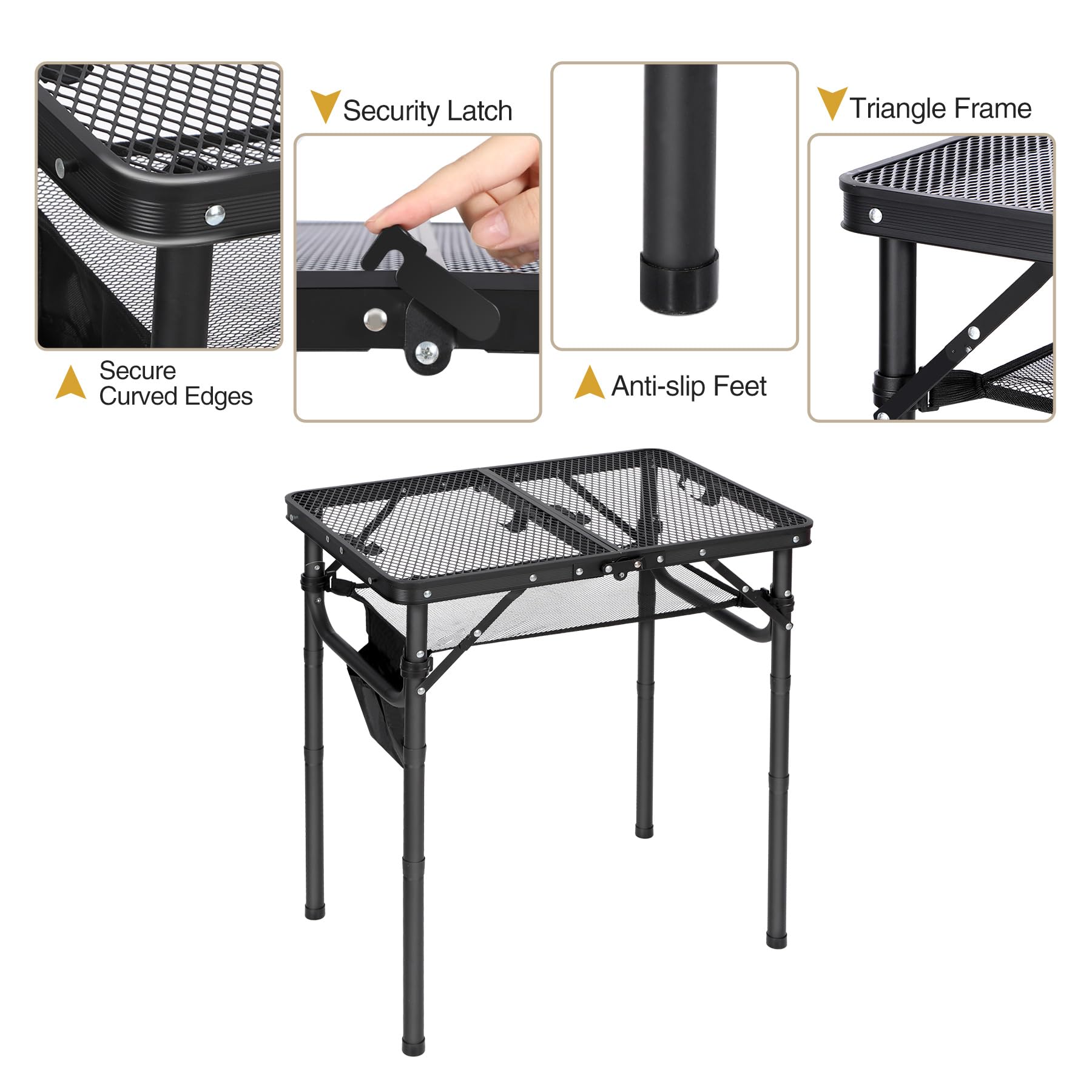 Close-up of REDCAMP grill table aluminum frame and mesh top