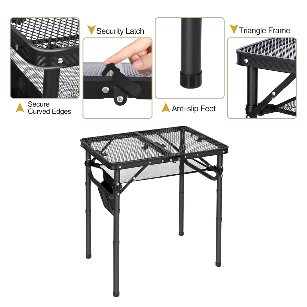 Close-up of REDCAMP grill table aluminum frame and mesh top
