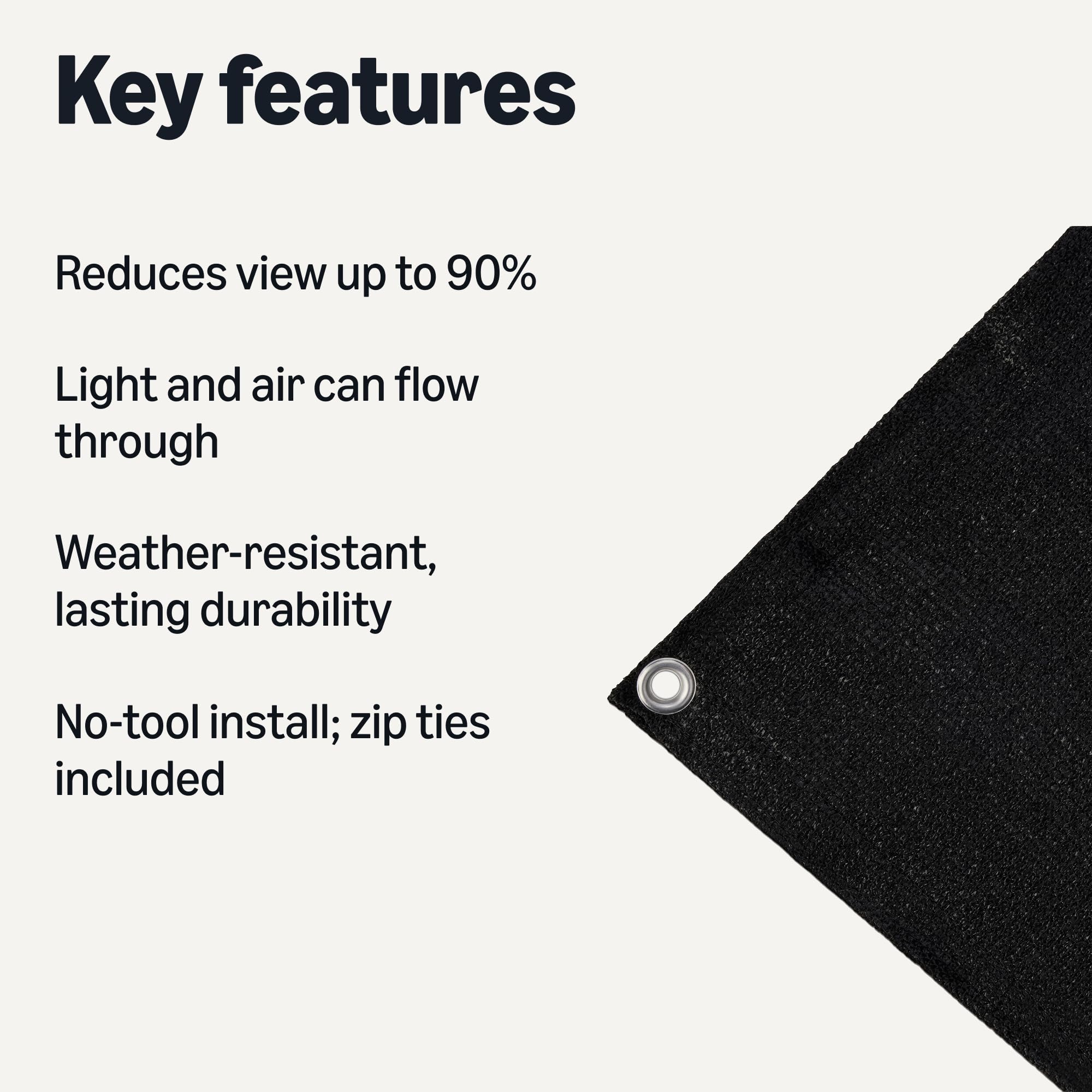 Close-up of reinforced hems and aluminum grommets on privacy screen