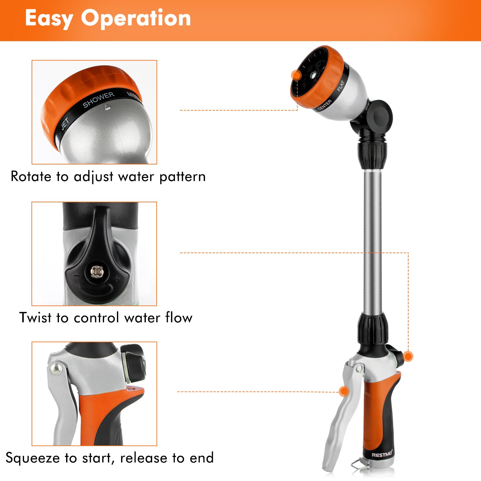 Close-up of Restmo hose wand sprayer head with 7 patterns