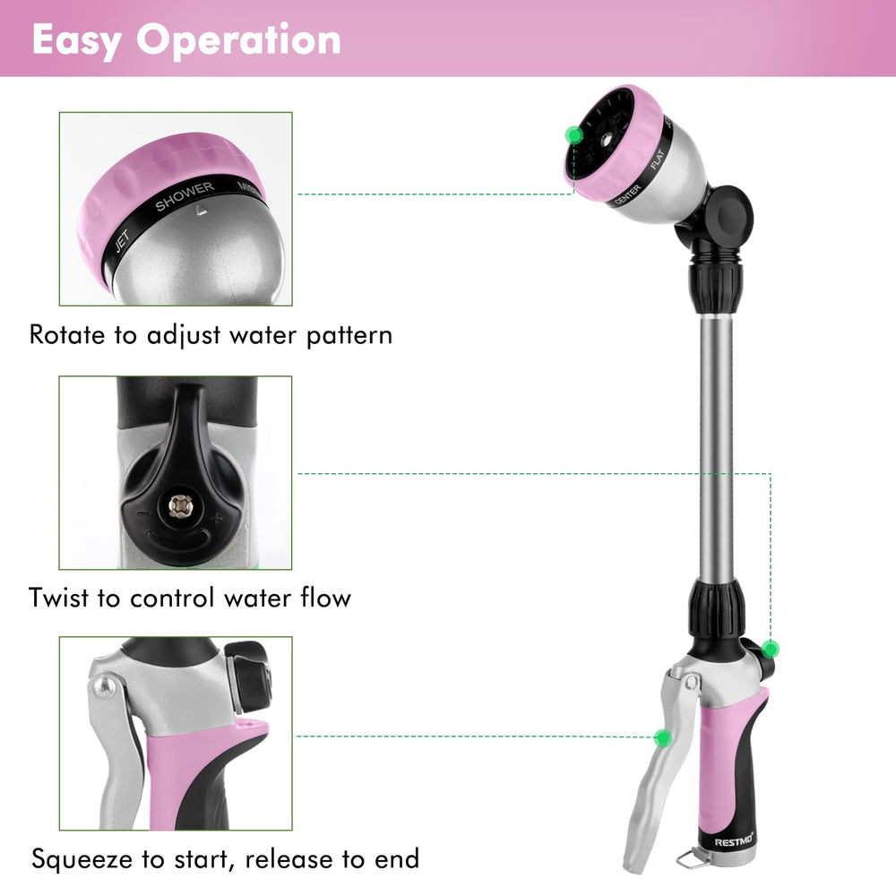 Close-up of Restmo hose wand sprayer head with 7 watering patterns