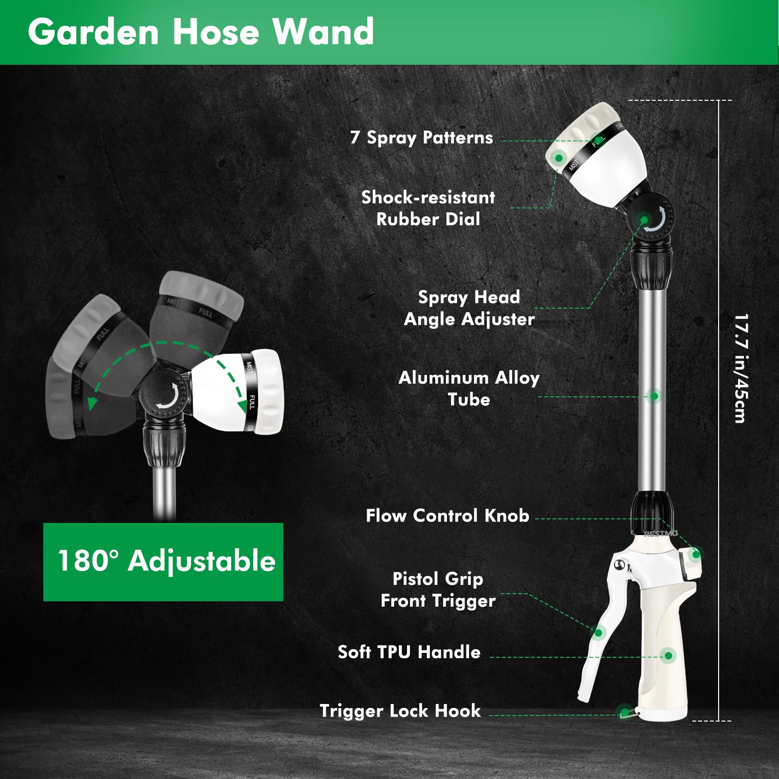 Close-up of Restmo hose wand sprayer head with adjustable patterns