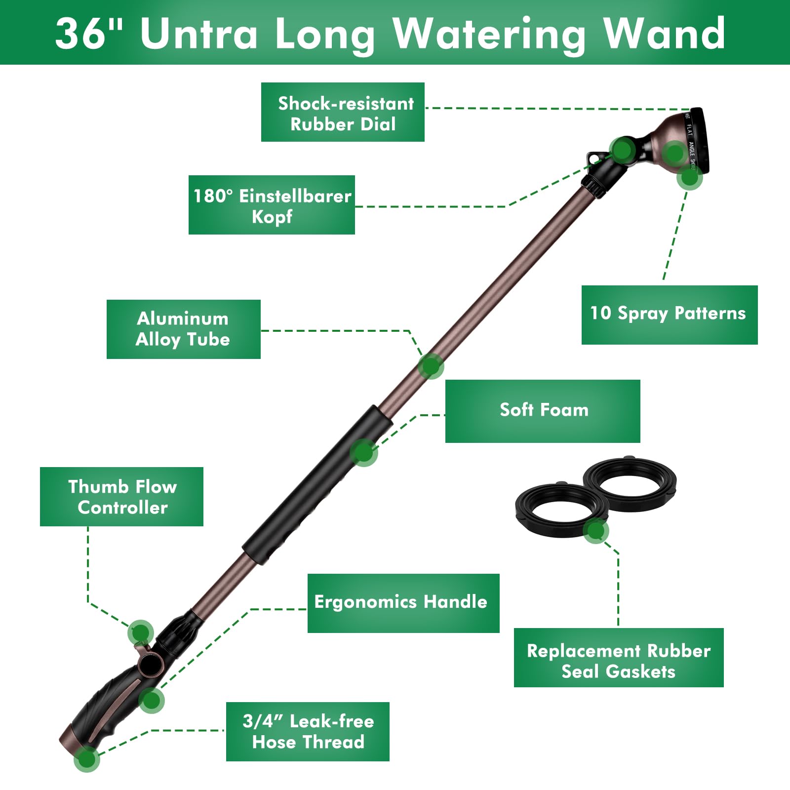 Close-up of Restmo watering wand spray head showing 10 patterns
