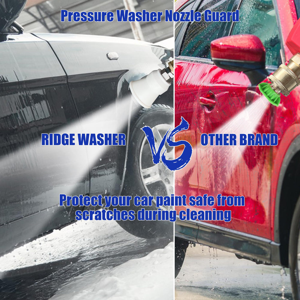 Close-up of RIDGE WASHER pressure washer nozzle tips in protective holder