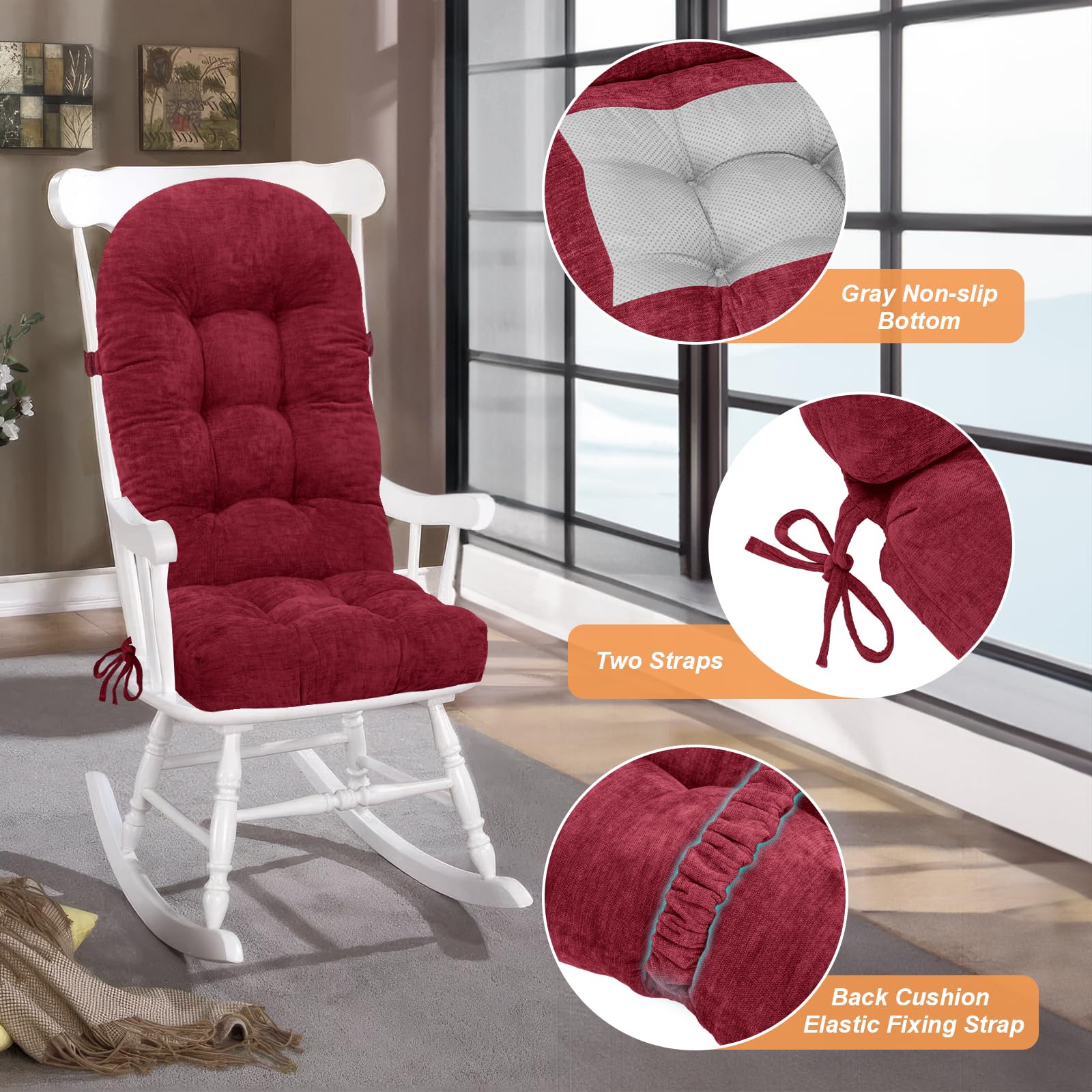 Close-up of ROFIEJOX rocking chair cushion showing chenille fabric texture