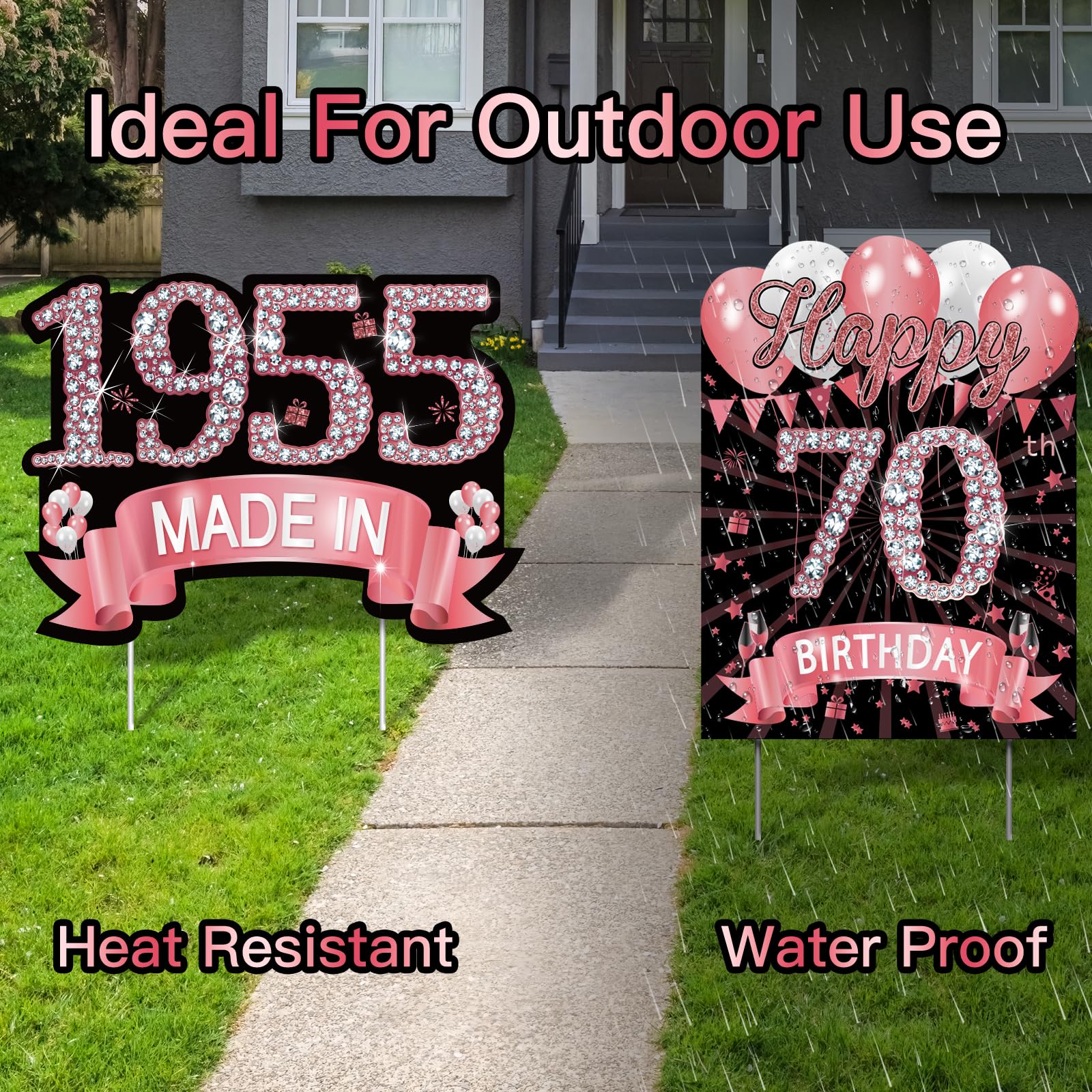 Close-up of rose gold balloons and stars yard sign decorations