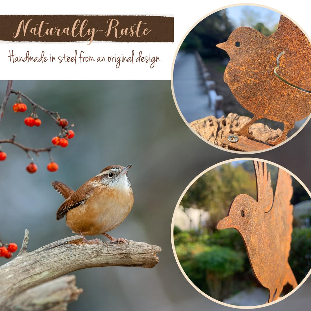 Close-up of rusty metal bird sculpture from OULYDEKO
