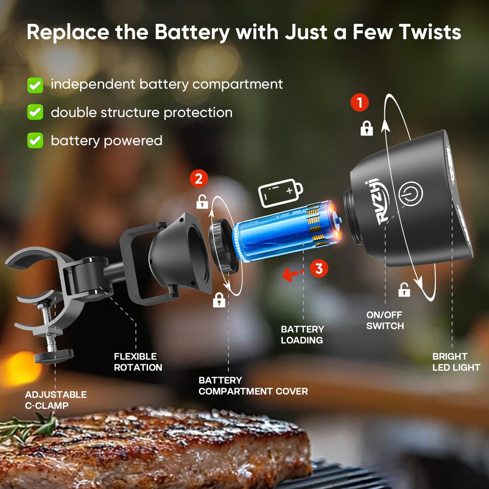 Close-up of RVZHI Grill Light adjustable C-clamp