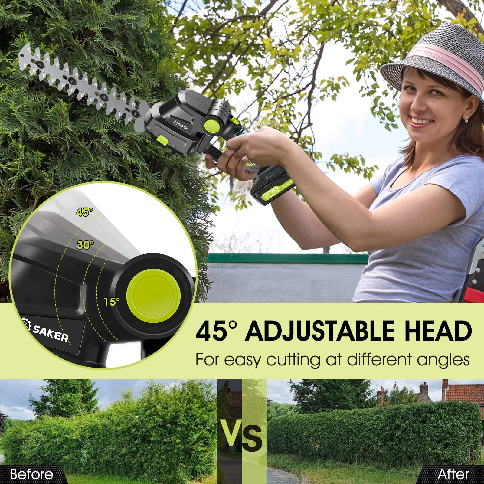Close-up of Saker hedge trimmer blade and safety features