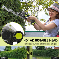 Close-up of Saker hedge trimmer blade and safety features