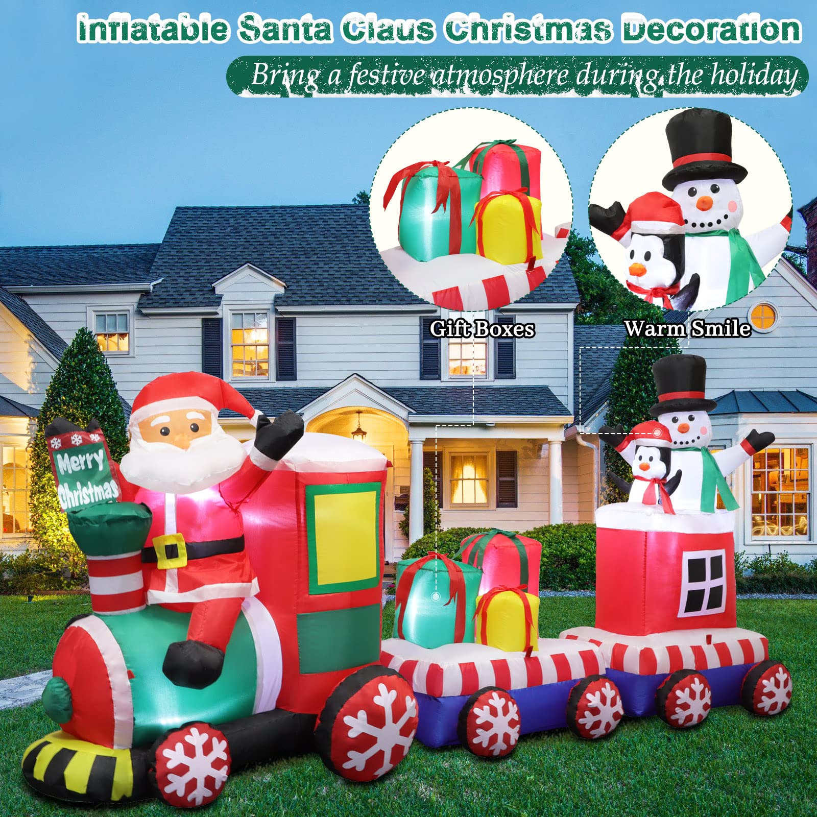 Close-up of Santa and snowman on inflatable train