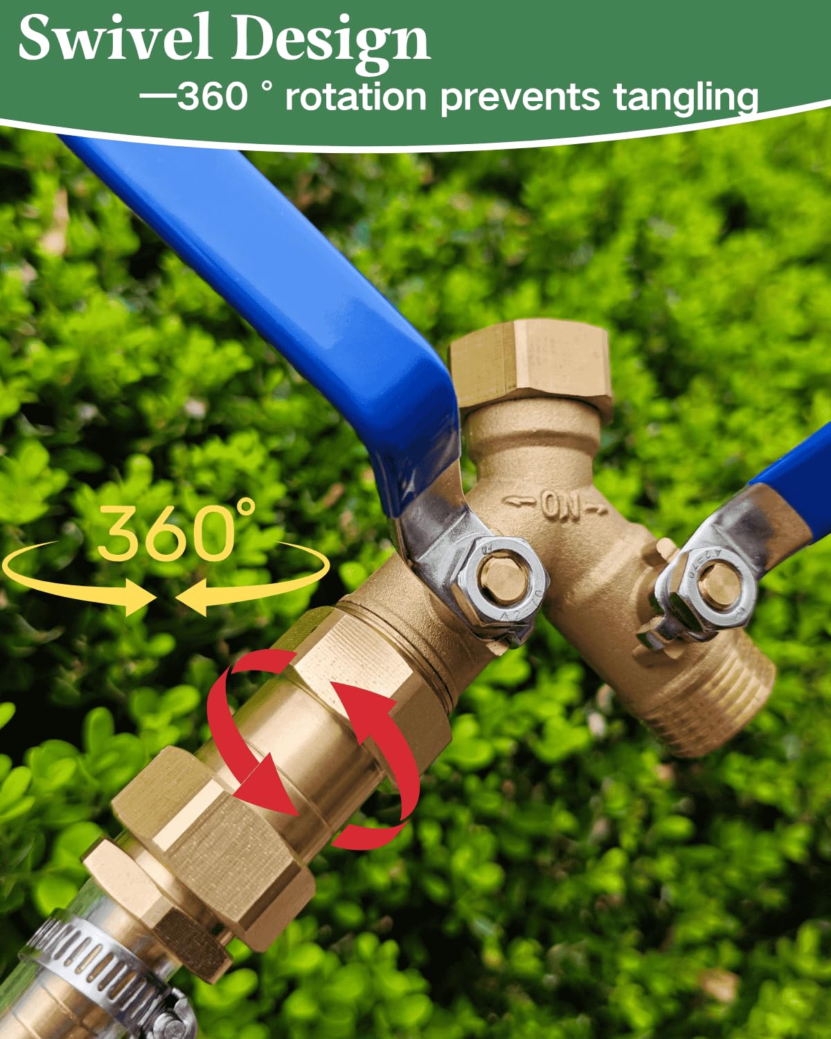 Close-up of SARANICE brass garden hose adapter with gaskets
