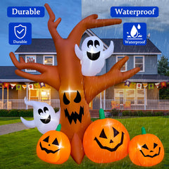 Close-up of SEASONBLOW inflatable dead tree showing details of ghosts and pumpkins
