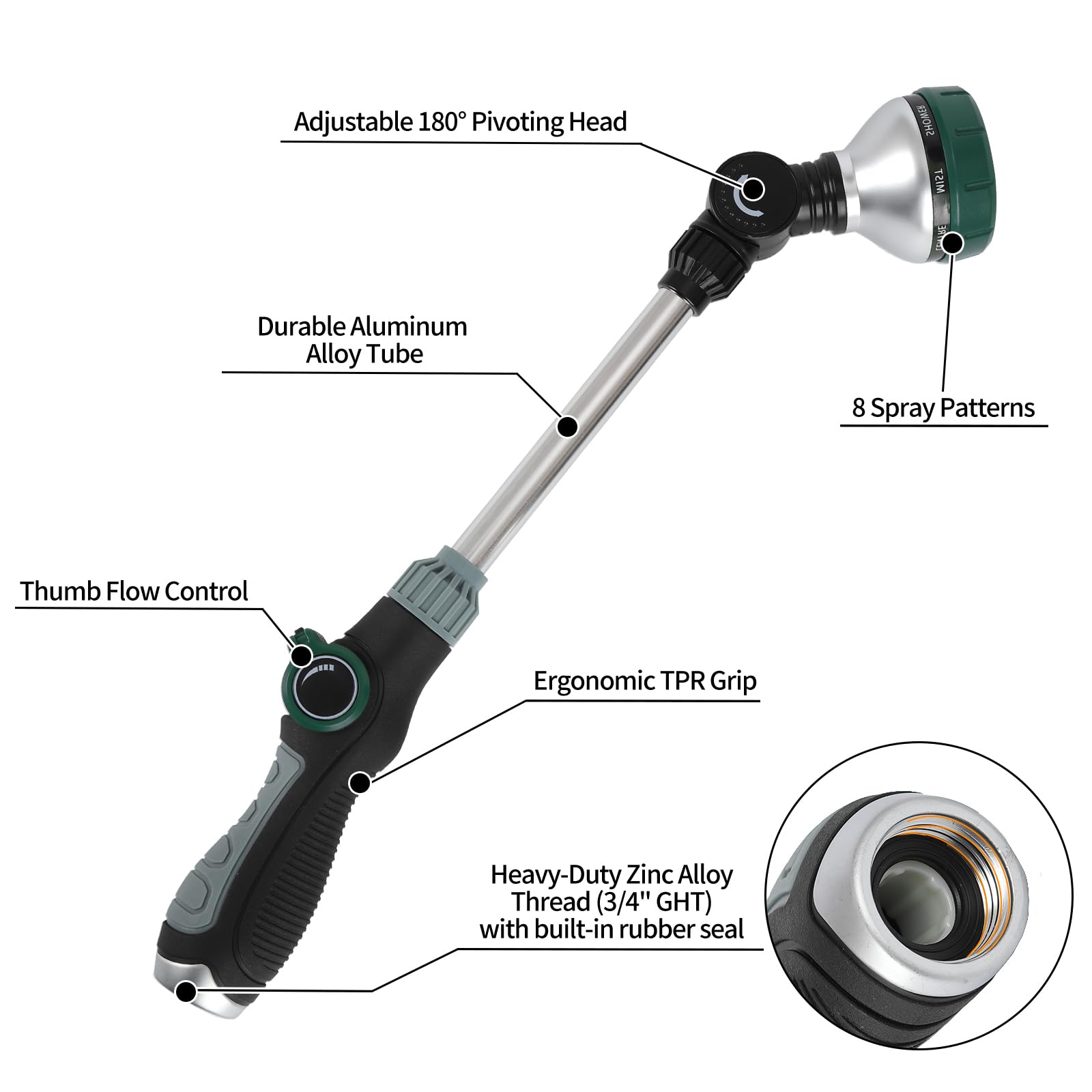 Close-up of Seatern Watering Wand nozzle with adjustable settings