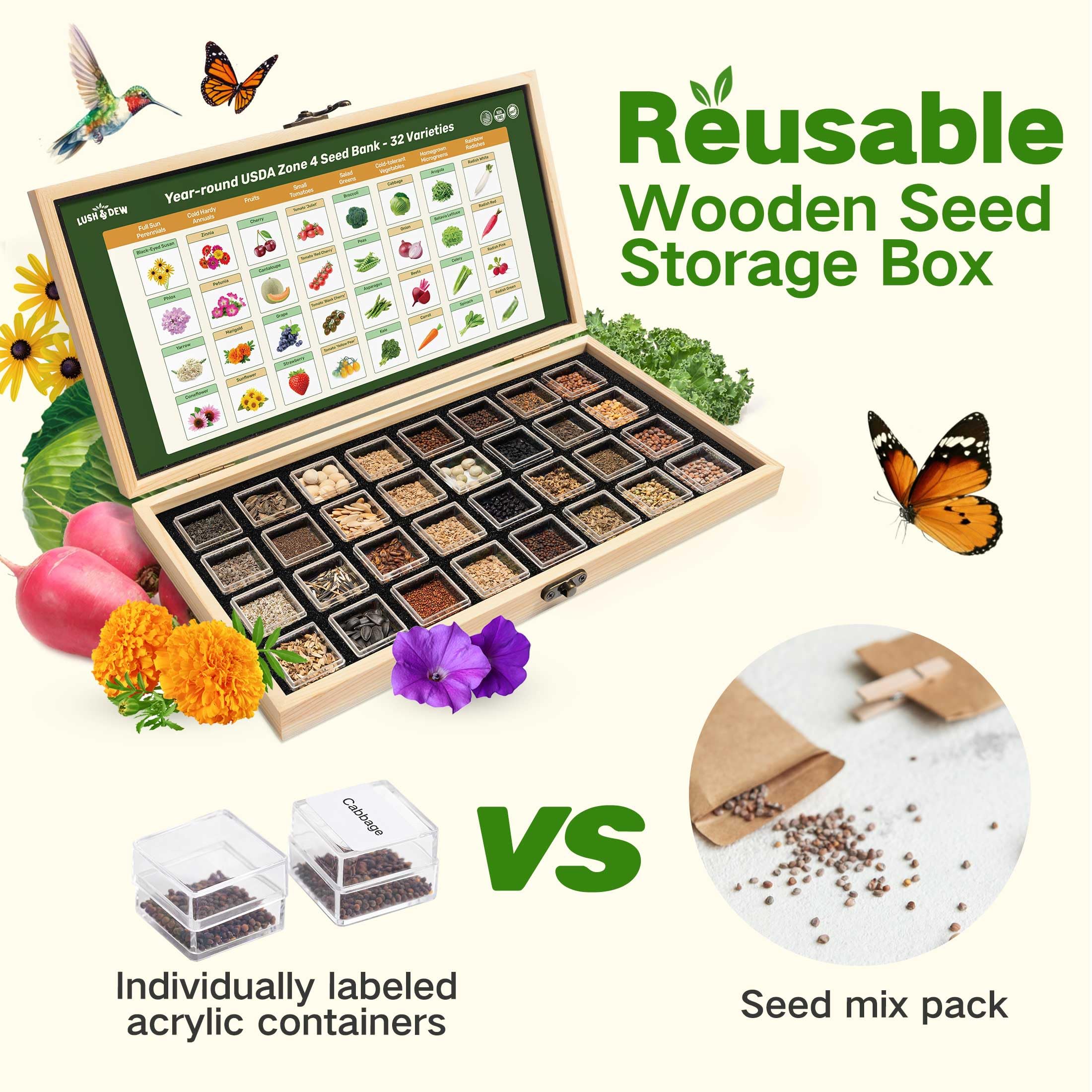 Close-up of seed varieties including tomatoes and greens