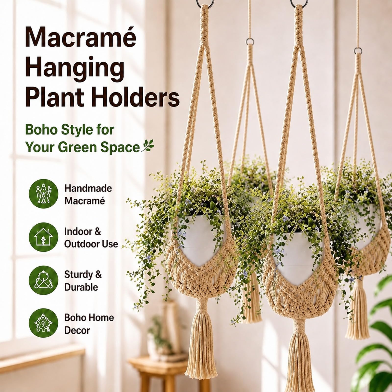 Close-up of Shappy macrame plant hanger spiral knot design