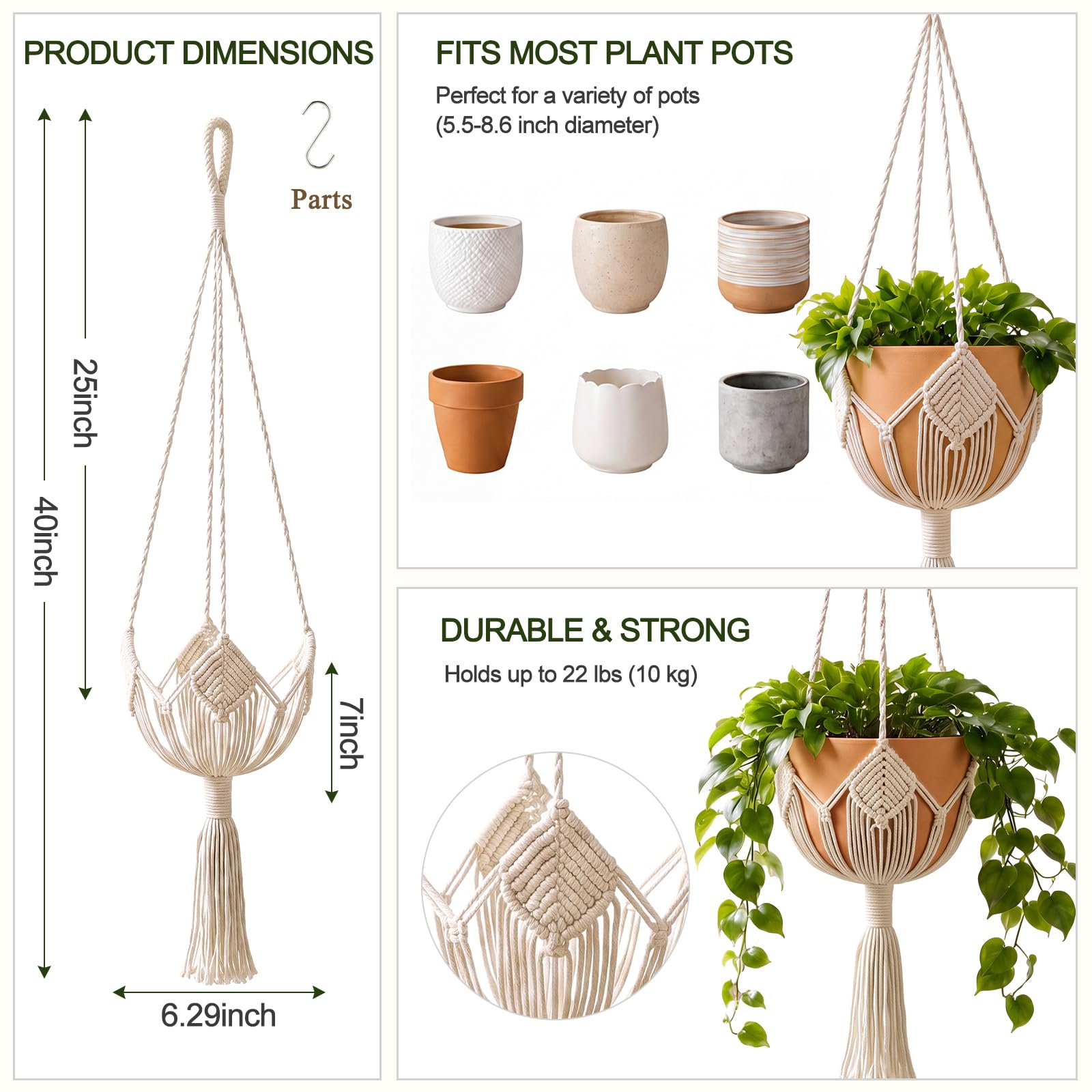 Close-up of Shappy macrame plant hanger with pot