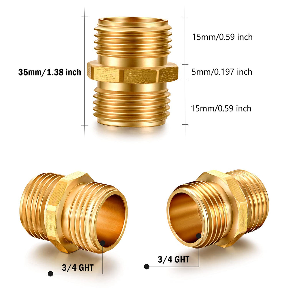 Close-up of SIGURANTA brass hose connectors showing 3/4 inch GHT threading