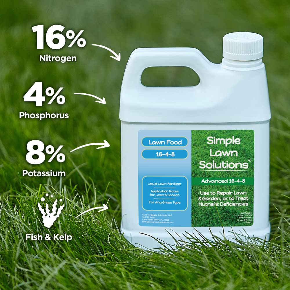 Close-up of Simple Lawn Solutions 16-4-8 Liquid Lawn Fertilizer label
