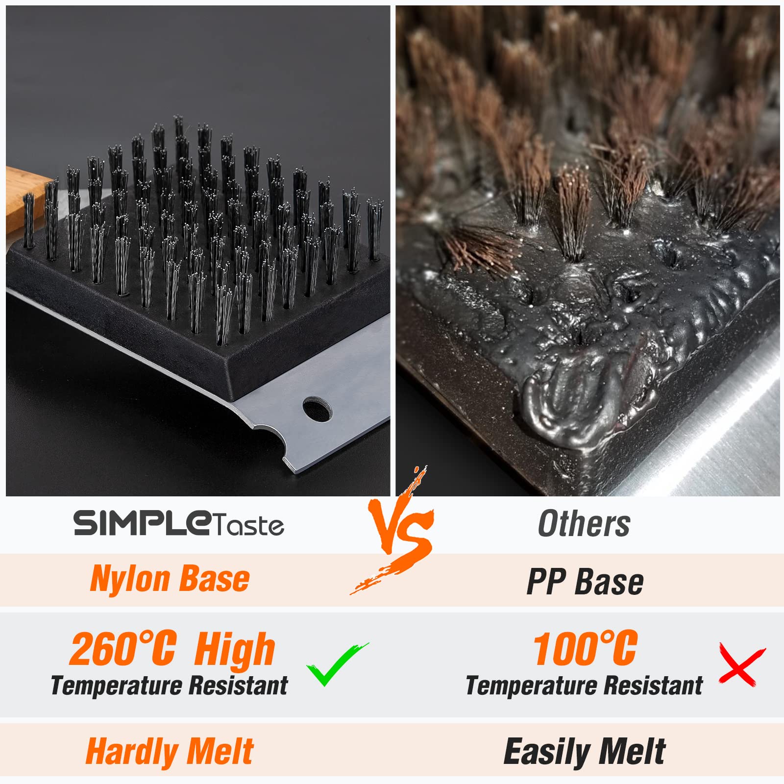Close-up of SIMPLETASTE Grill Brush handle showing wood texture