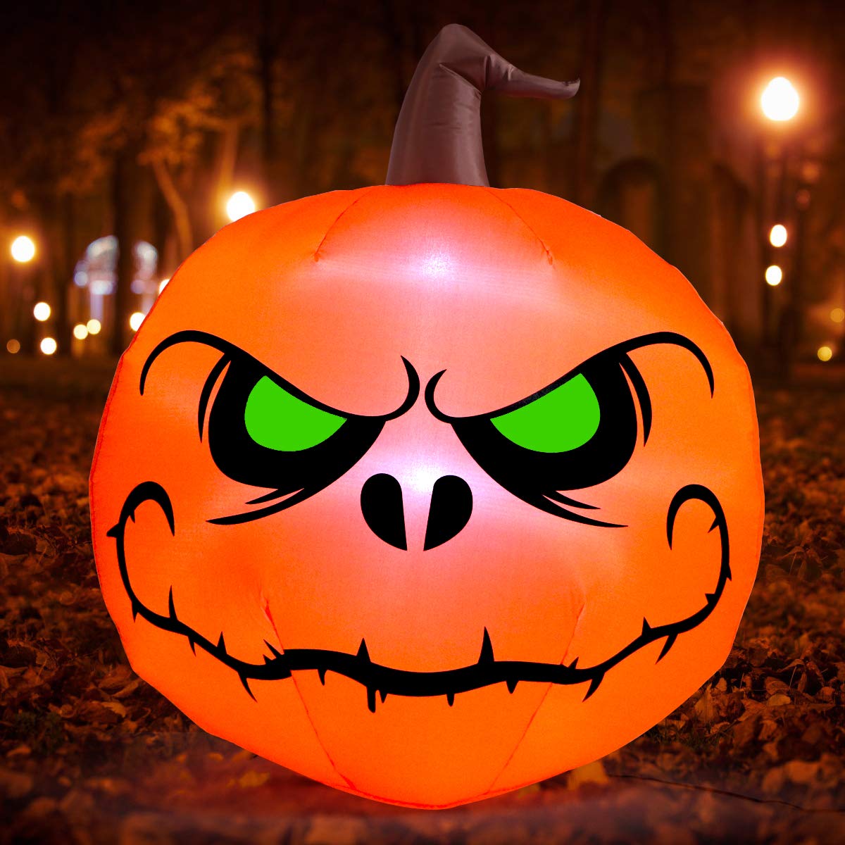 Close-up of Sizonjoy inflatable pumpkin face with LED lights