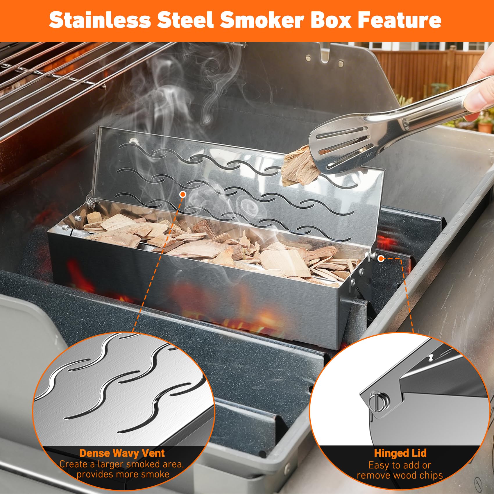 Close-up of Skyflame Wood Chip Smoker Box with dense wavy vents