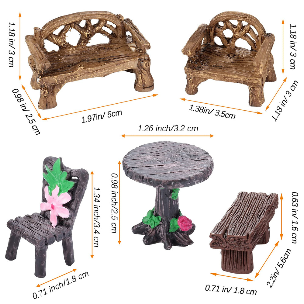 Close-up of Skylety miniature chairs and benches in brown