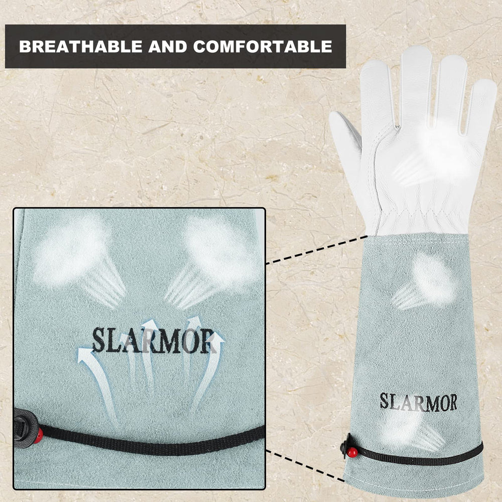Close-up of SLARMOR gloves with elbow-length gauntlet design