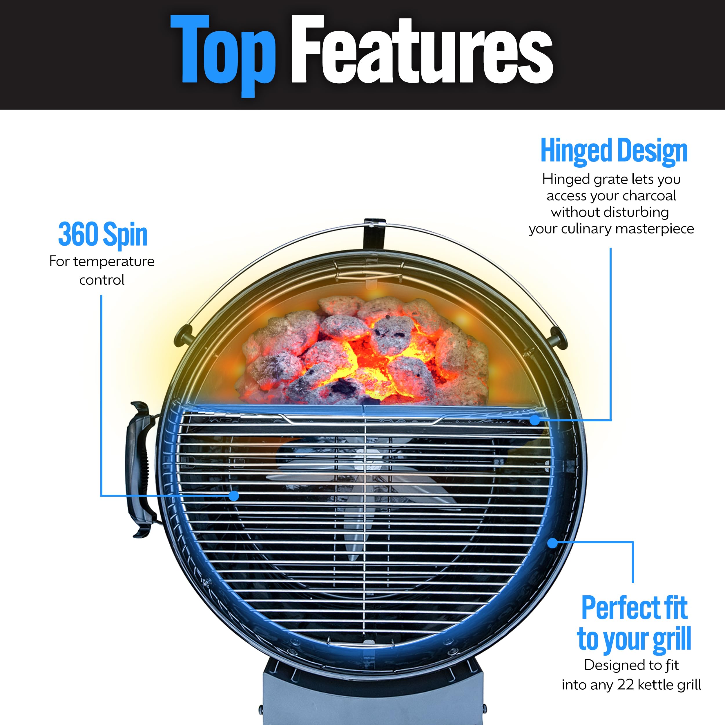Close-up of Slow 'N Sear EasySpin Grill Grate handles