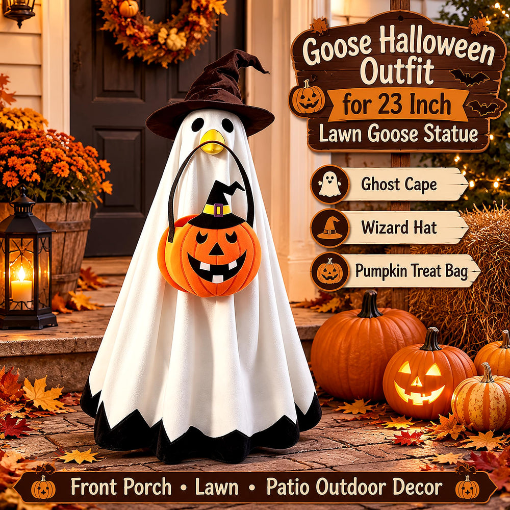 Close-up of SLUPS Halloween Goose Outfit showing ghost cape and accessories