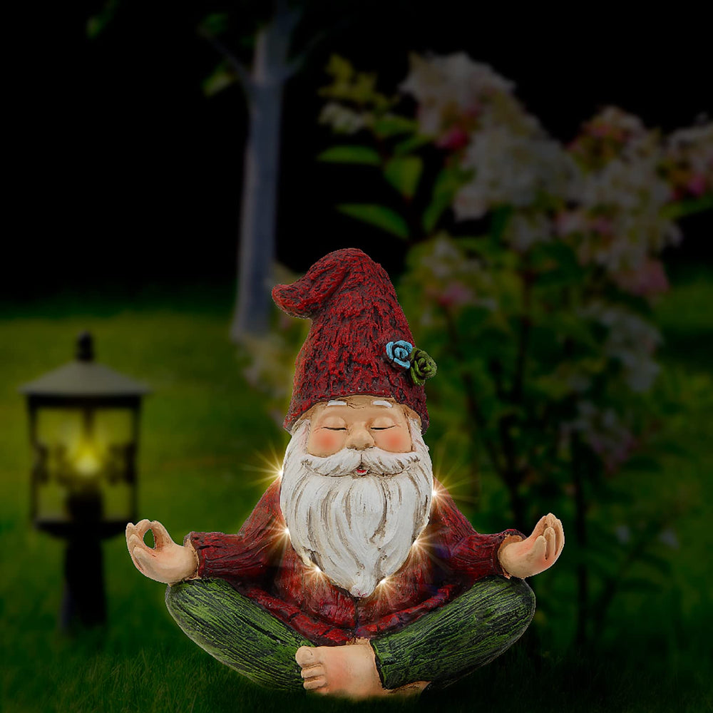 Close-up of Smadeer Yoga Gnome's vibrant red hat and green trousers