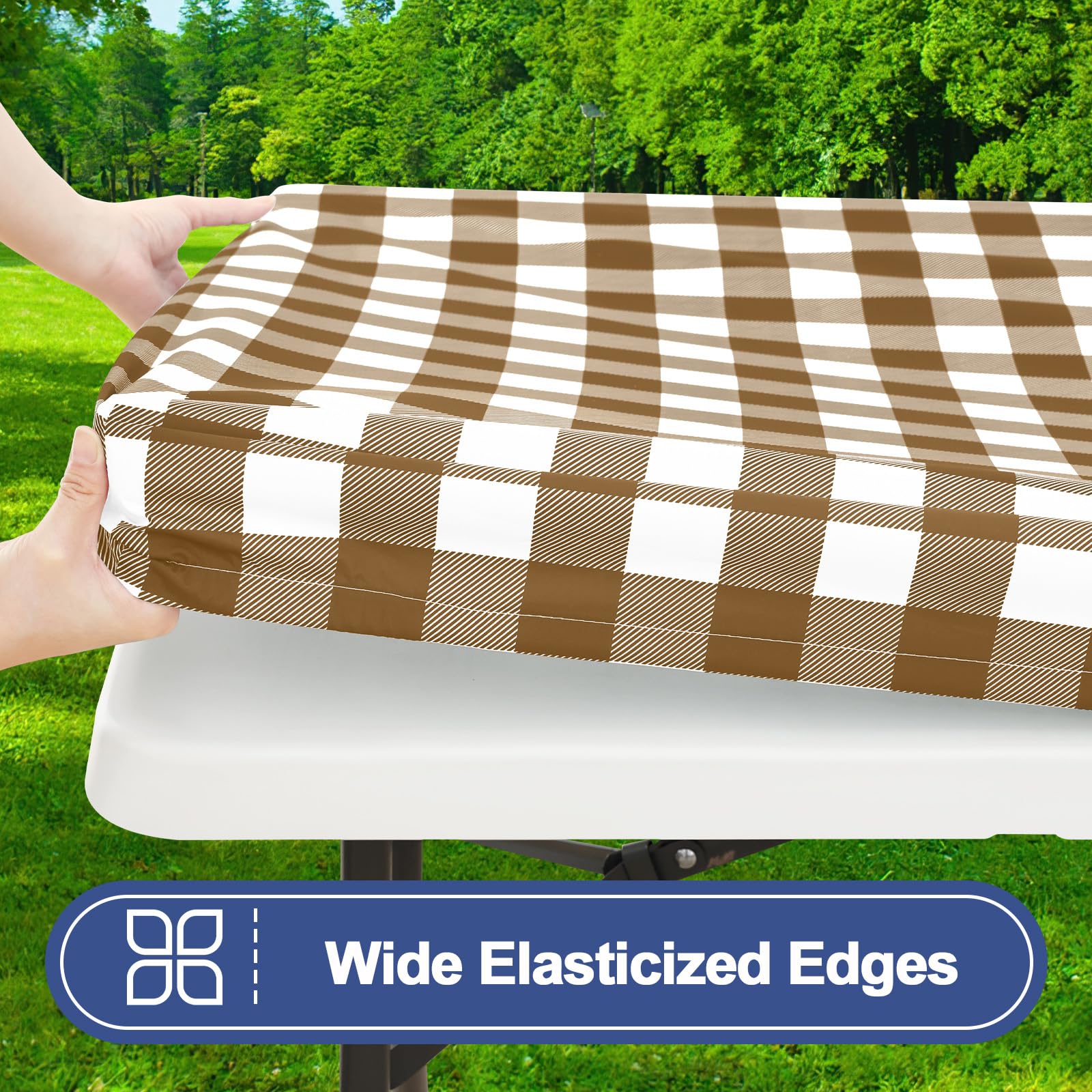 Close-up of Smiry picnic table cover showing waterproof surface and elastic edge