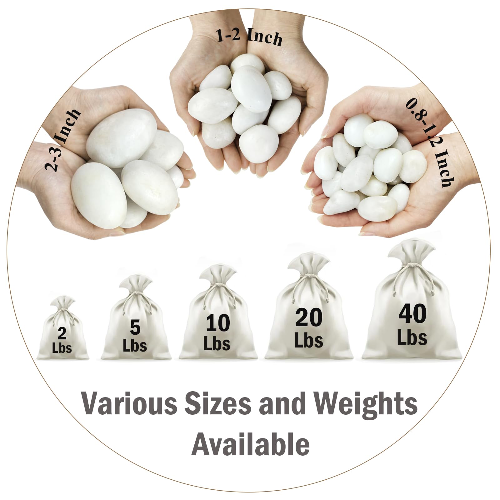 Close-up of smooth white pebbles 0.8-1.2 inch