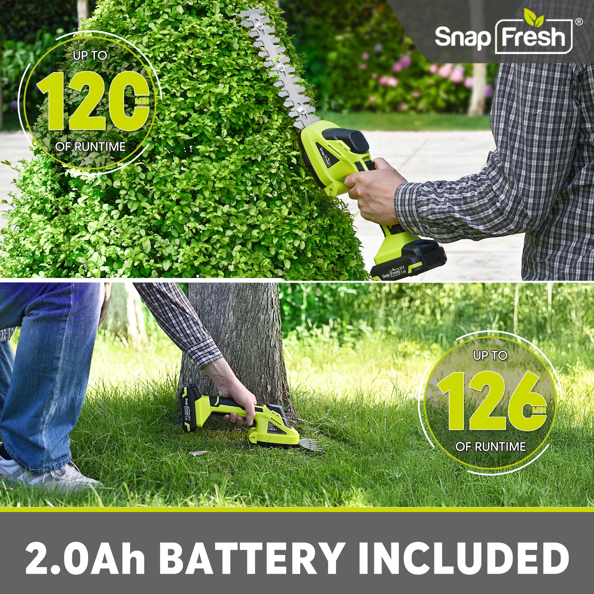 Close-up of SnapFresh 20V hedge trimmer blade and grass shear blade