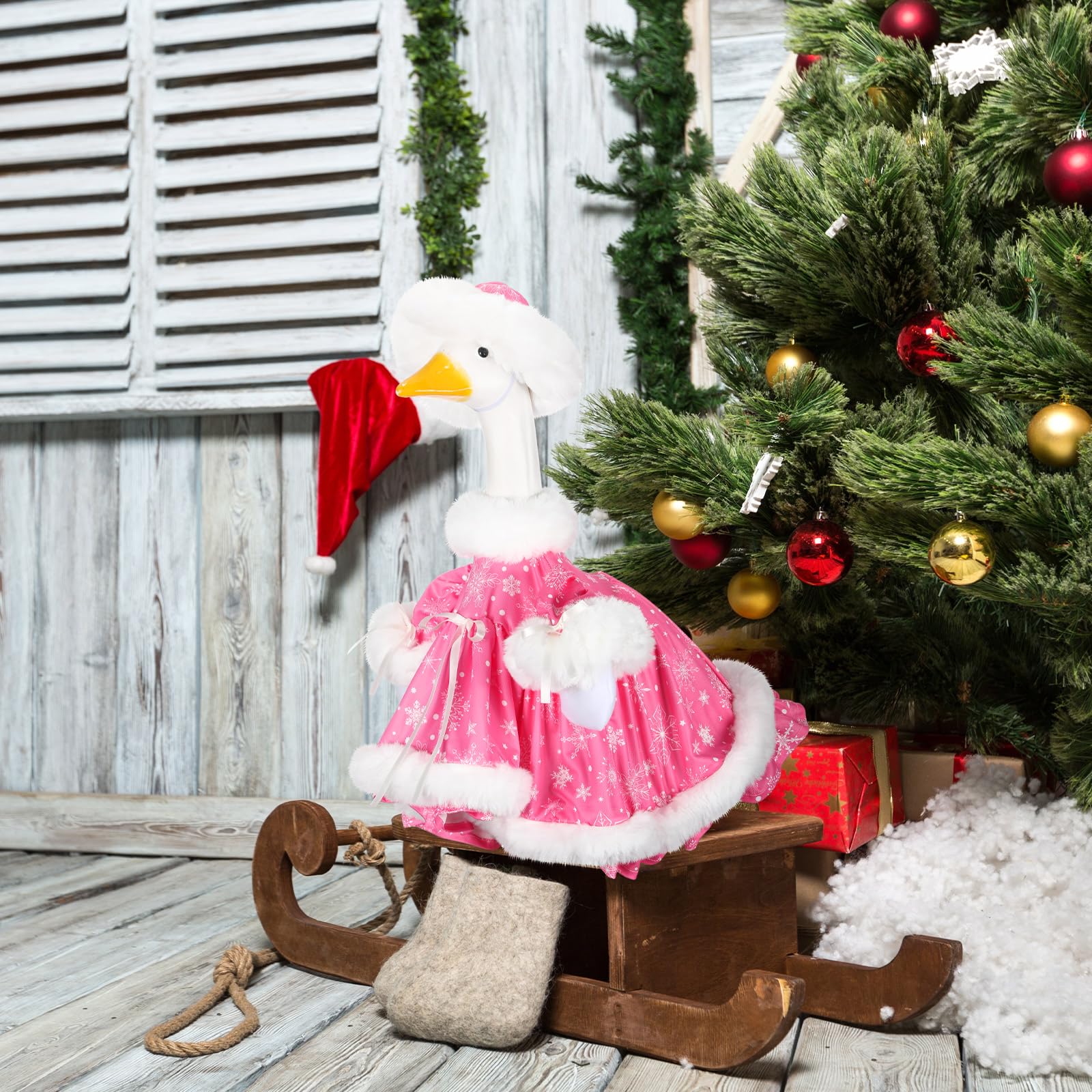 Close-up of snowflake detail on Suzile goose outfit