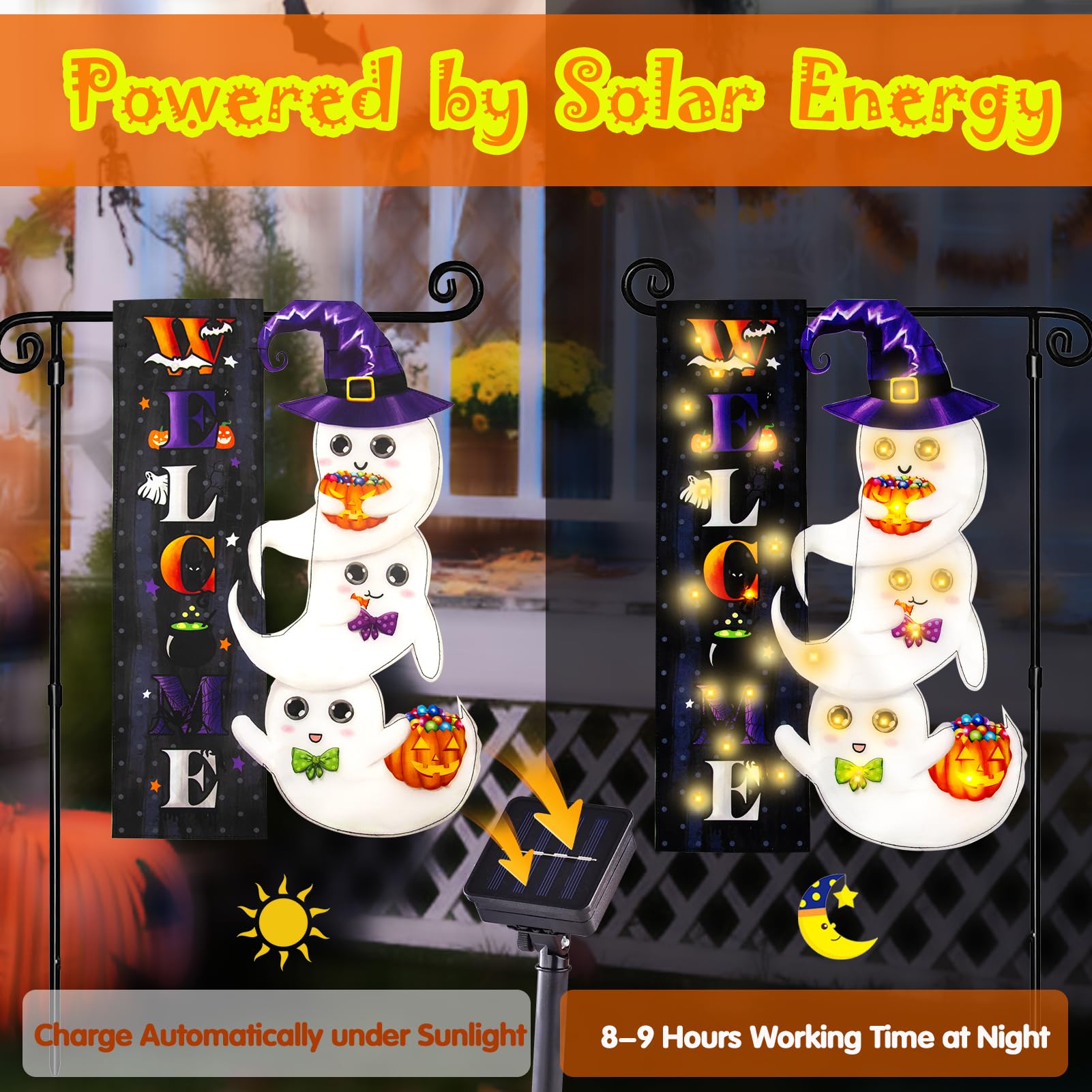 Close-up of solar panel on FLAGMESAGE Halloween Lighted Garden Flag