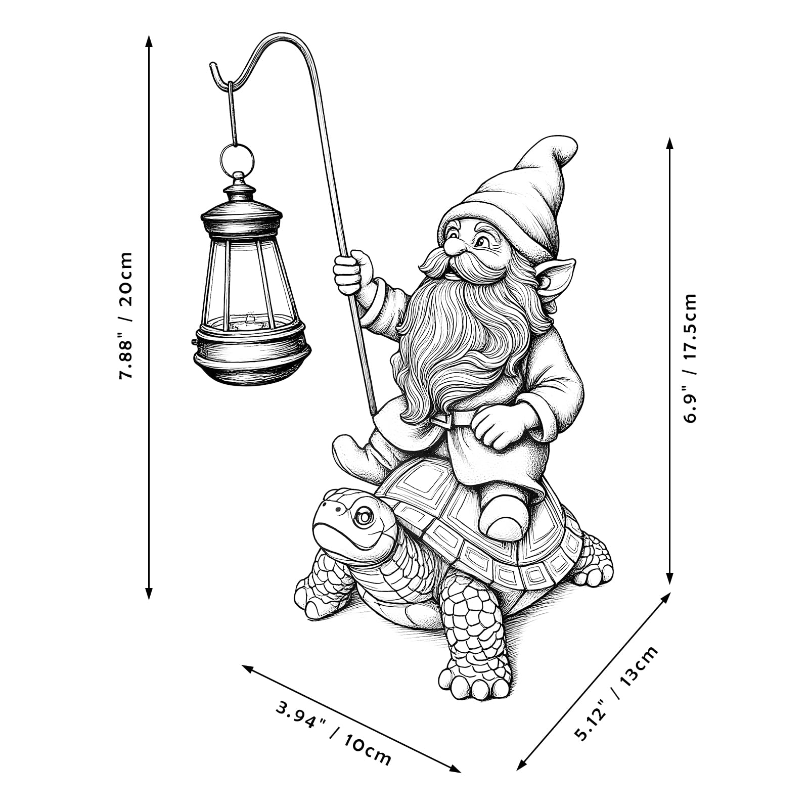 Close-up of solar-powered LED lantern on gnome statue