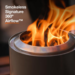 Close-up of Solo Stove Mesa XL fire pit showing stainless steel finish