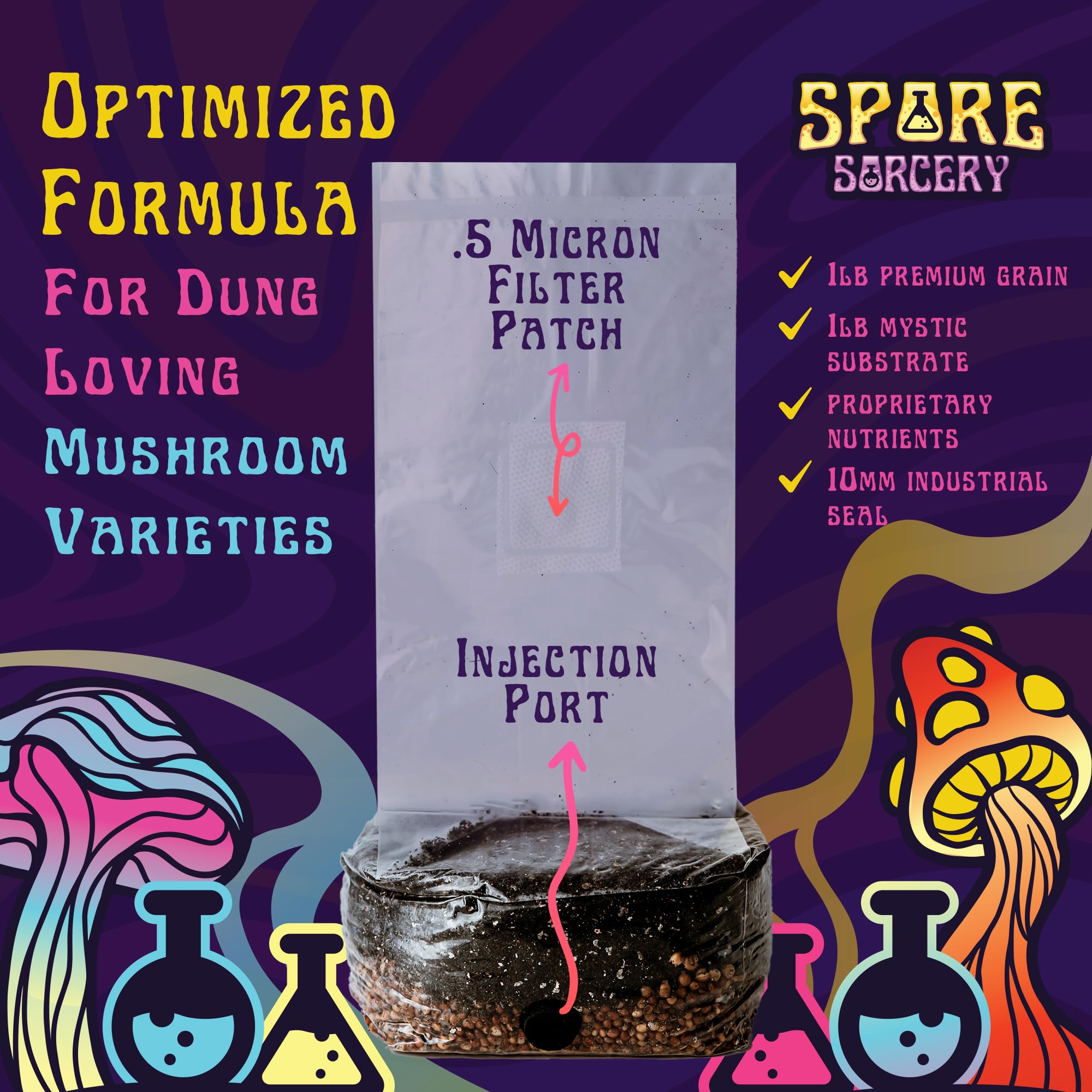 Close-up of SPORE SORCERY mushroom grow bag sealed packaging