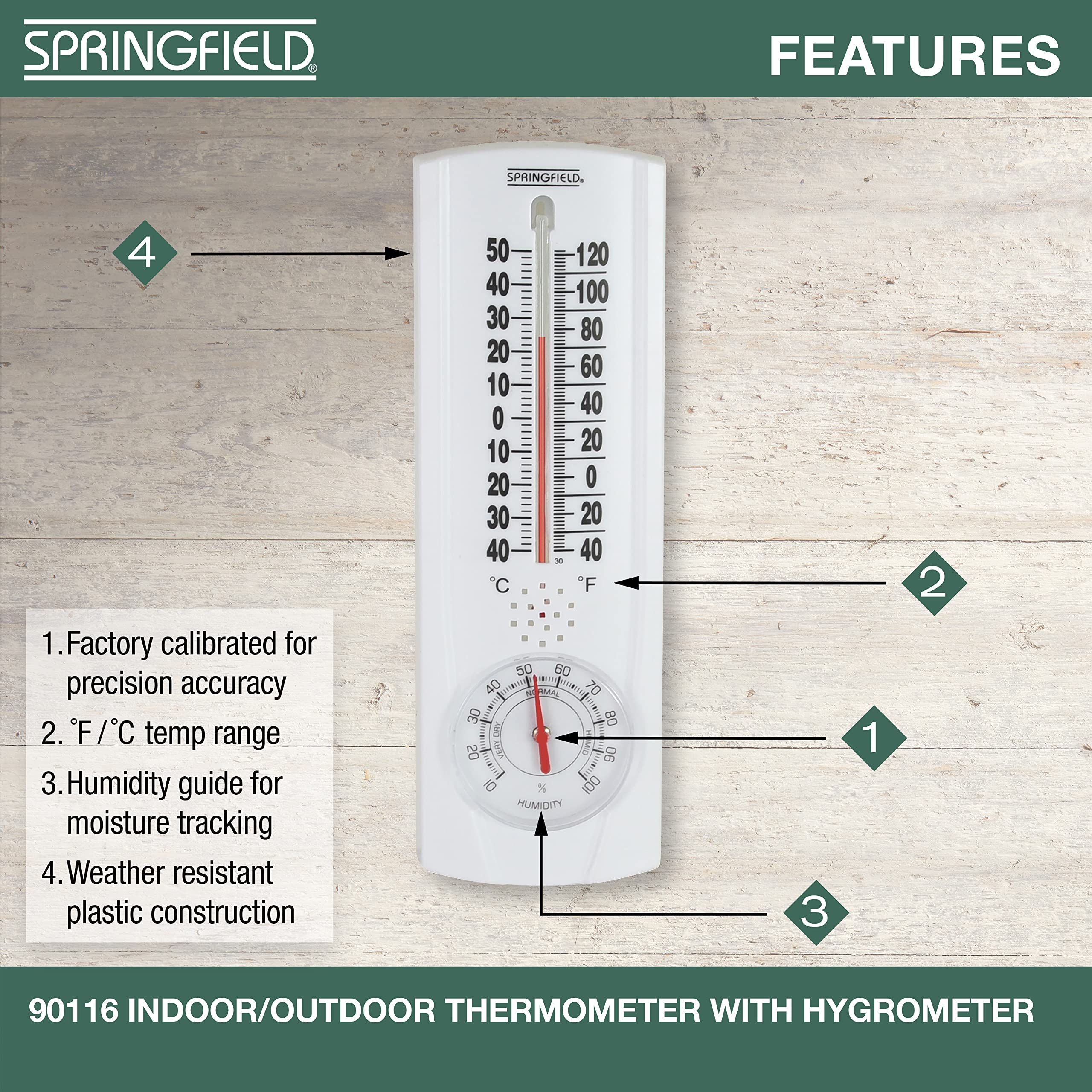 Close-up of Springfield Thermometer's bright red pointer