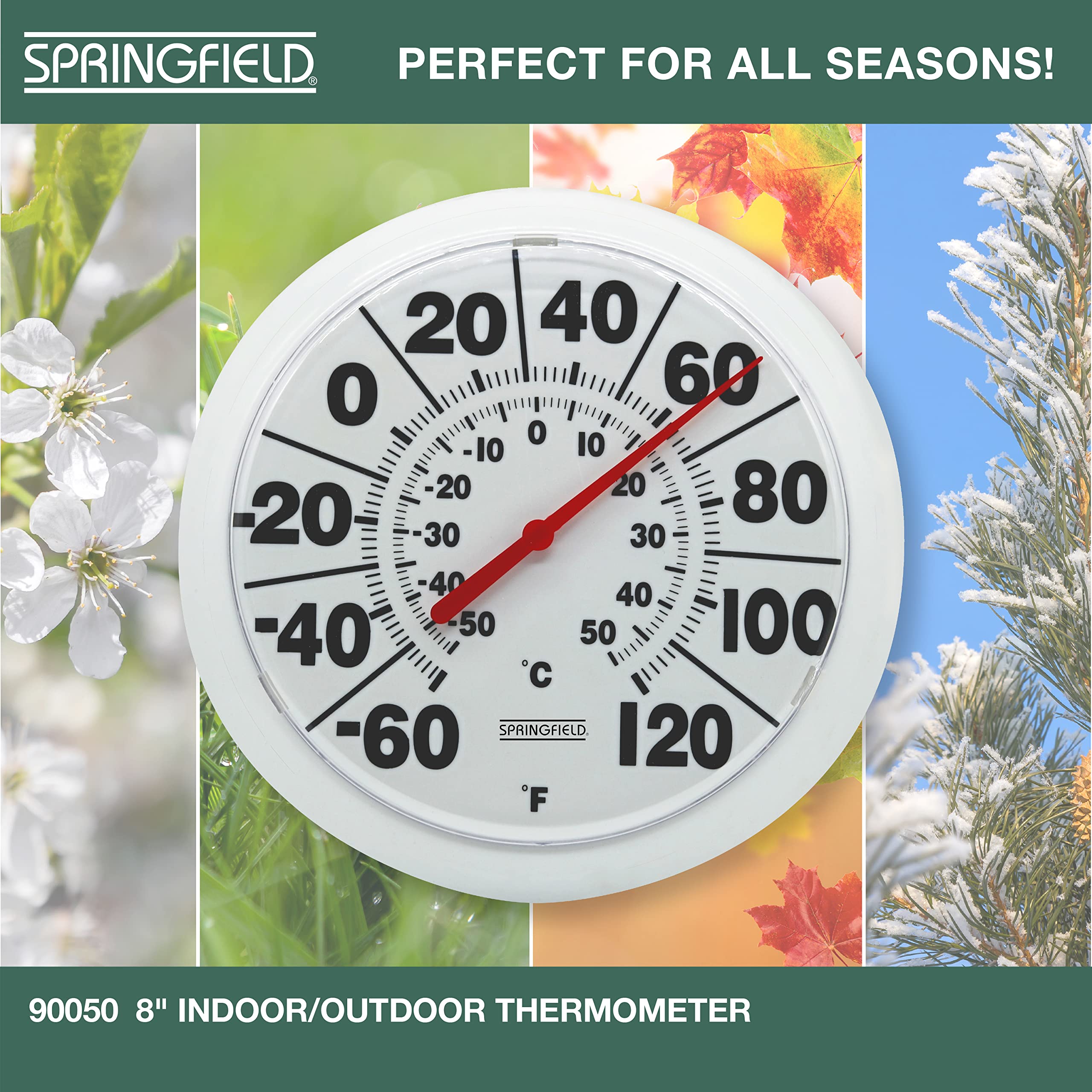 Close-up of Springfield thermometer's large numbers and red pointer